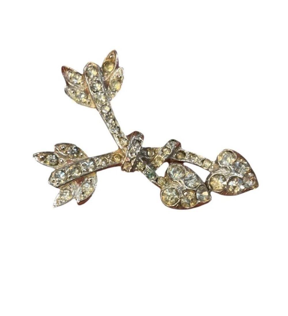 Vintage Rhinestone Bow Branch Brooch Gold Tone Clear Rhinestones Mid Century Pin